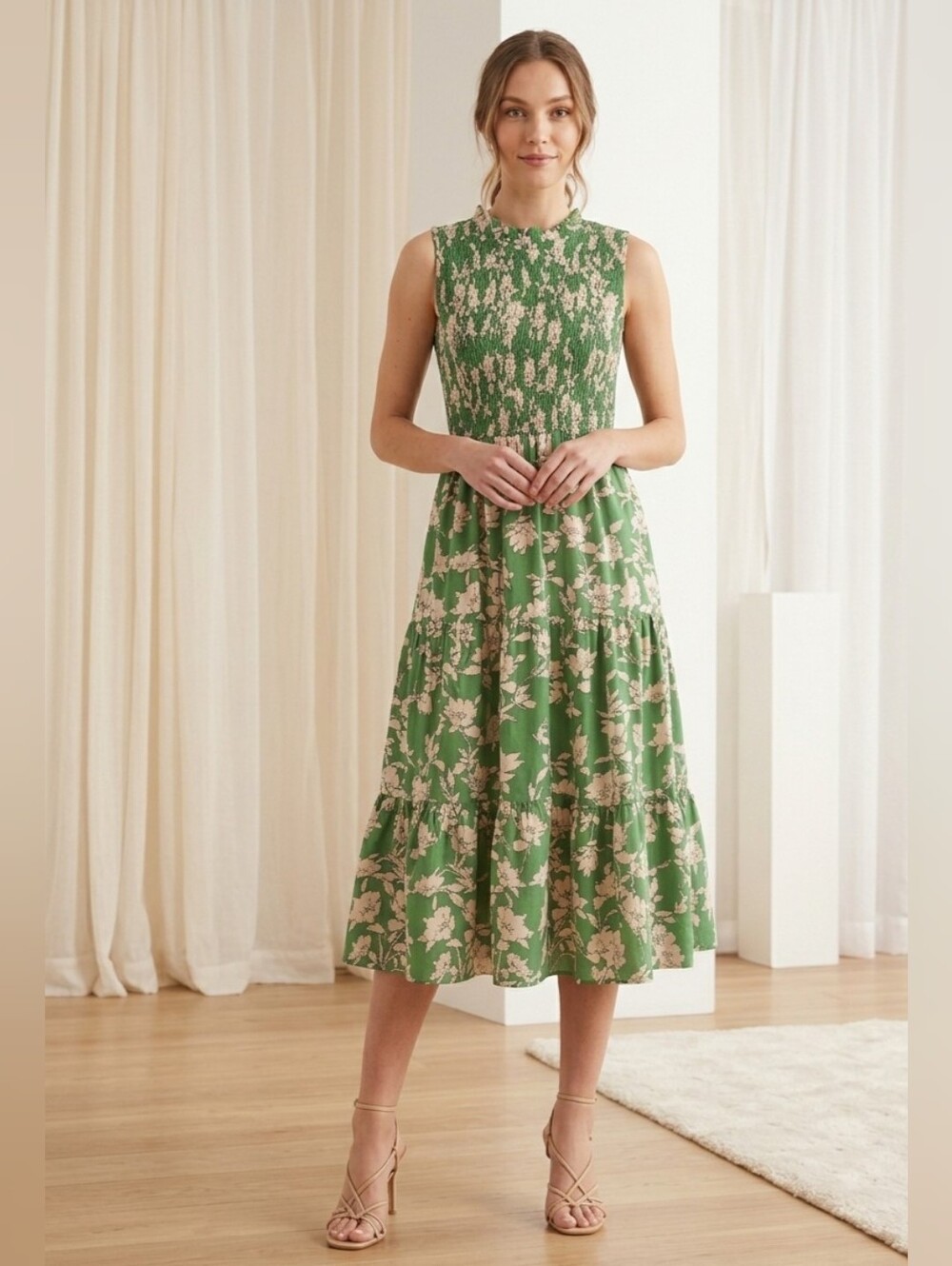 Green Floral Maxi Dress with Smocked Bodice